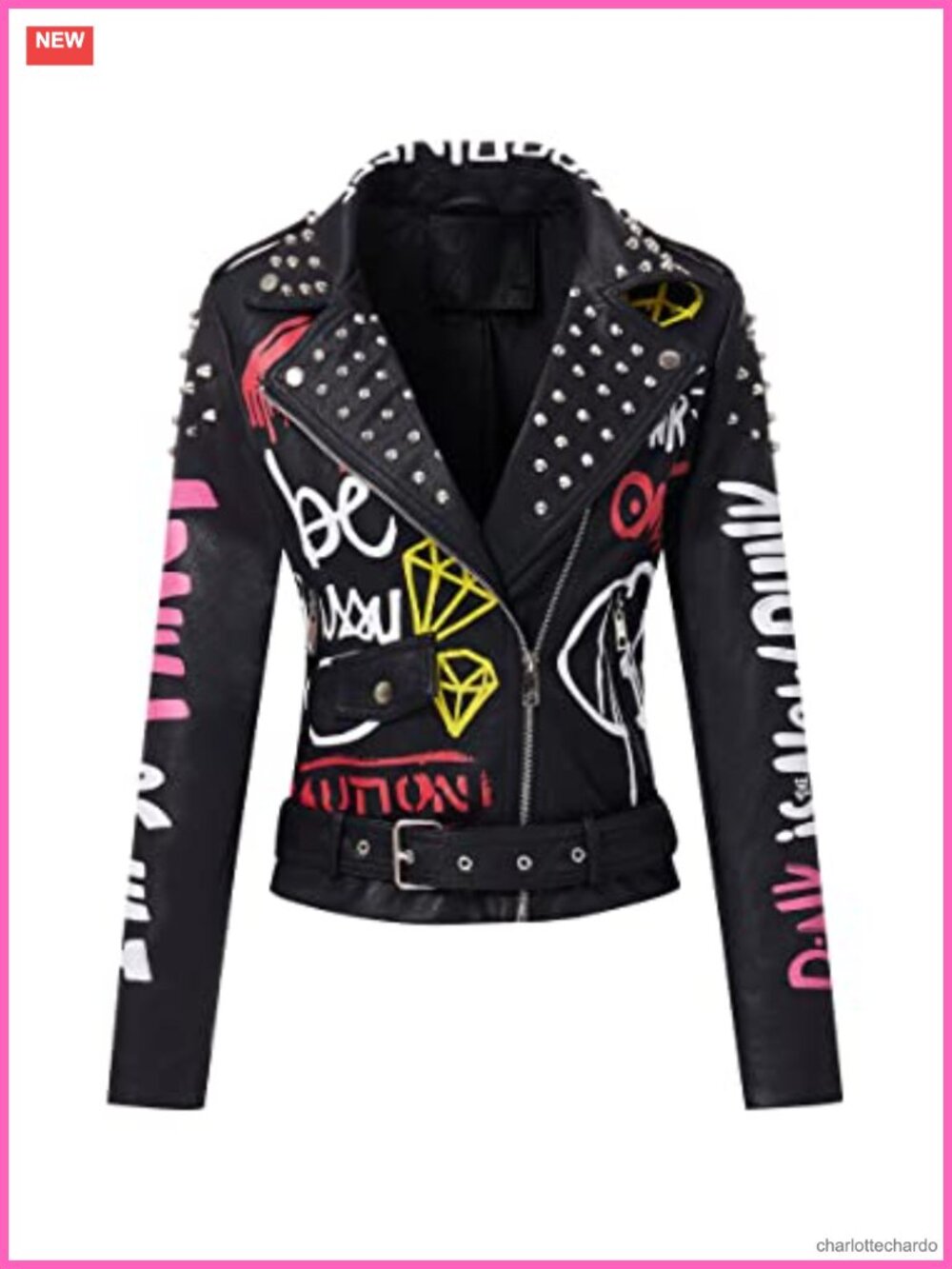 Faux Leather Moto Jacket Women Floral Graffiti Studded Biker Coat